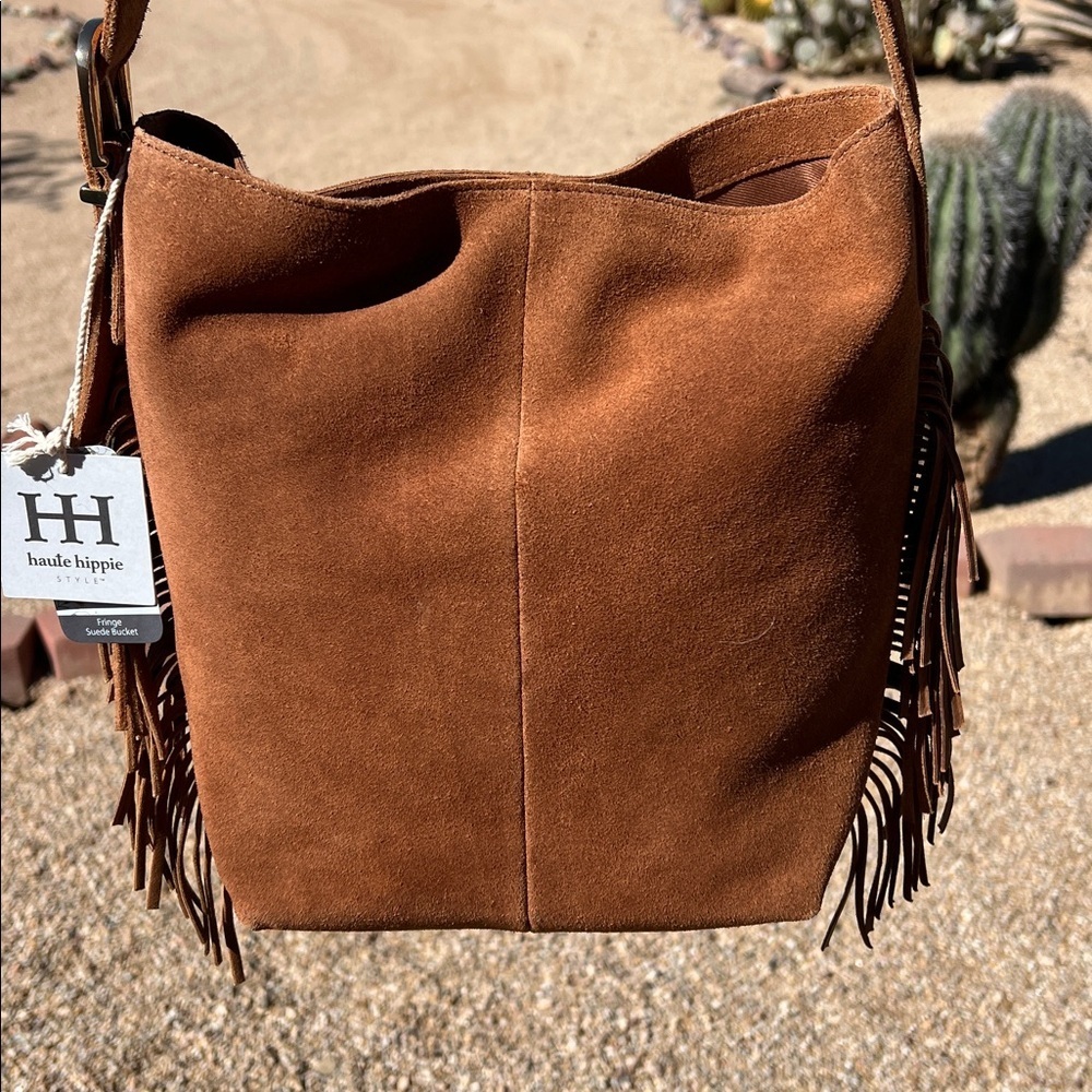 Haute Hippie | Honey Tan Suede Bucket Bag w/ Fringe and Adjustable Buckle - Picture 7 of 11